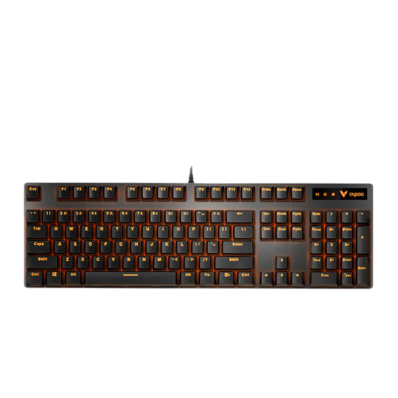 Black-orange 104-key wired mechanical keyboard with backlight on a white background