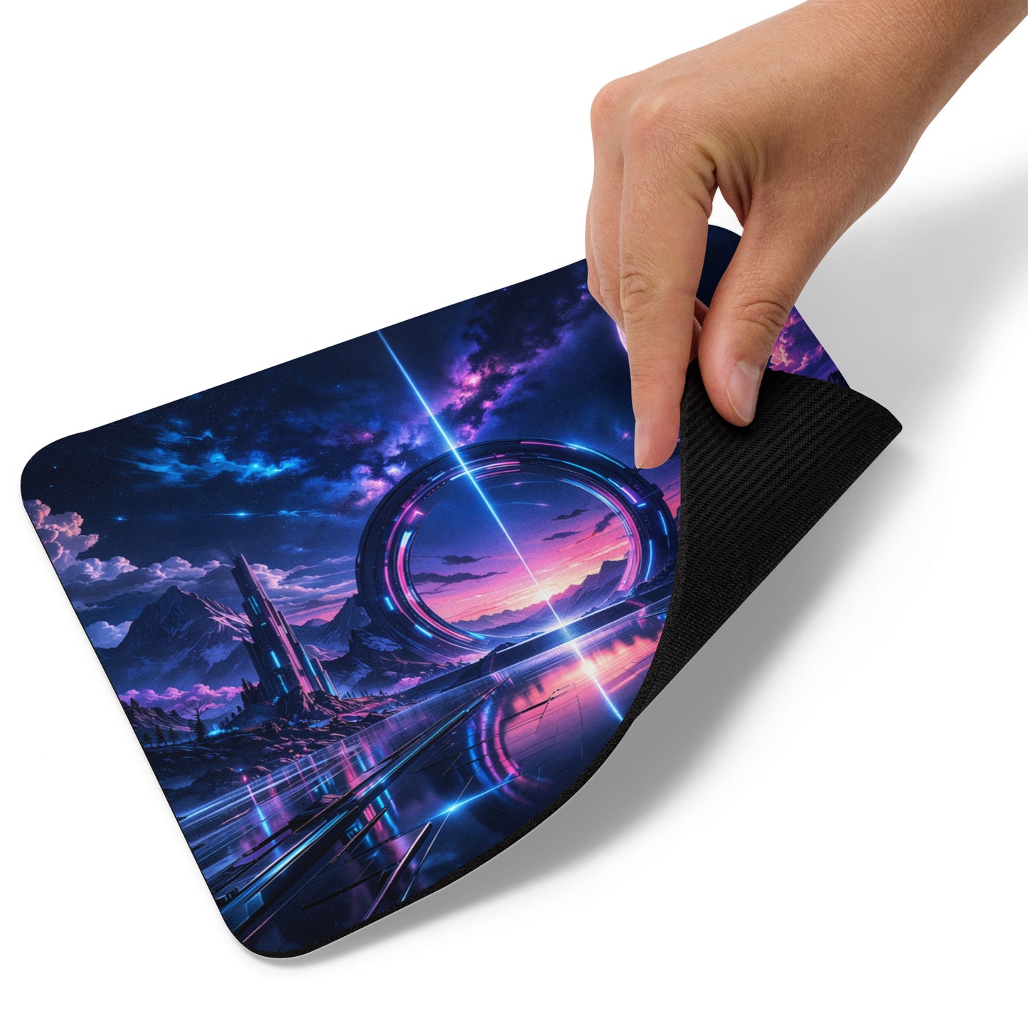 Neon Portal mouse pad bent by hand to show flexible rubber base