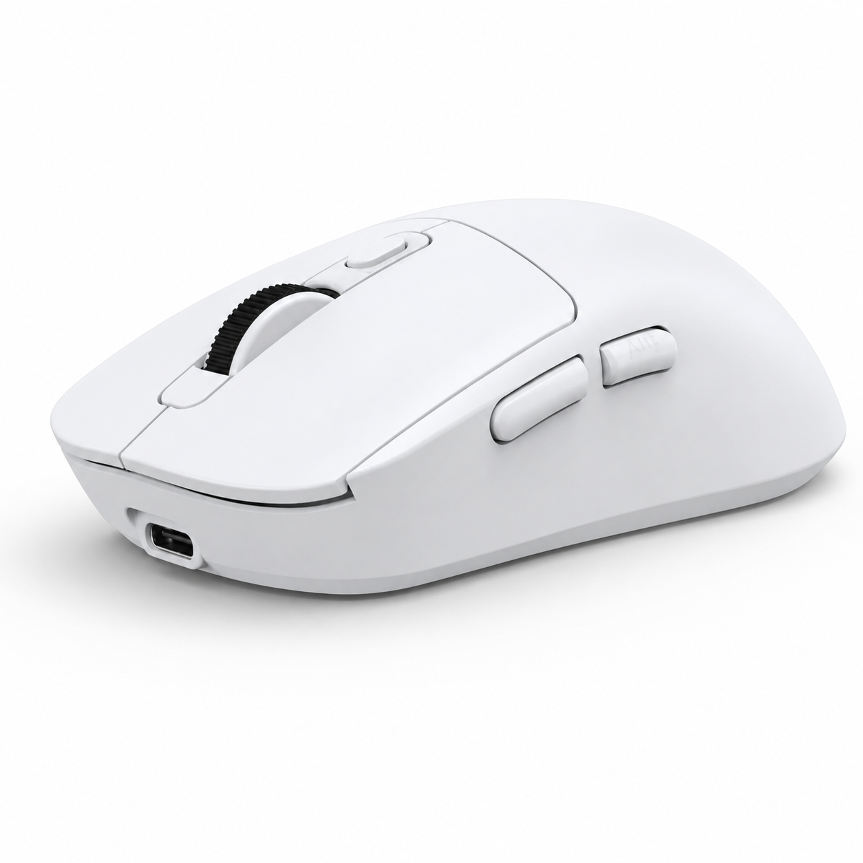 White rechargeable tri-mode wireless mouse side view with side buttons