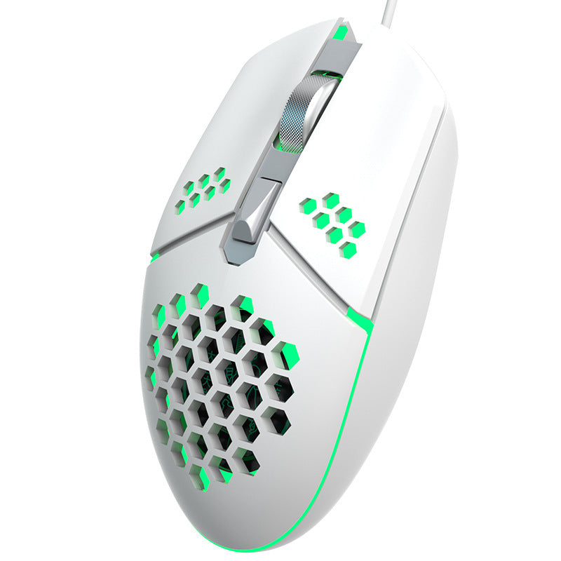 White vented RGB wired gaming mouse with green lighting detail
