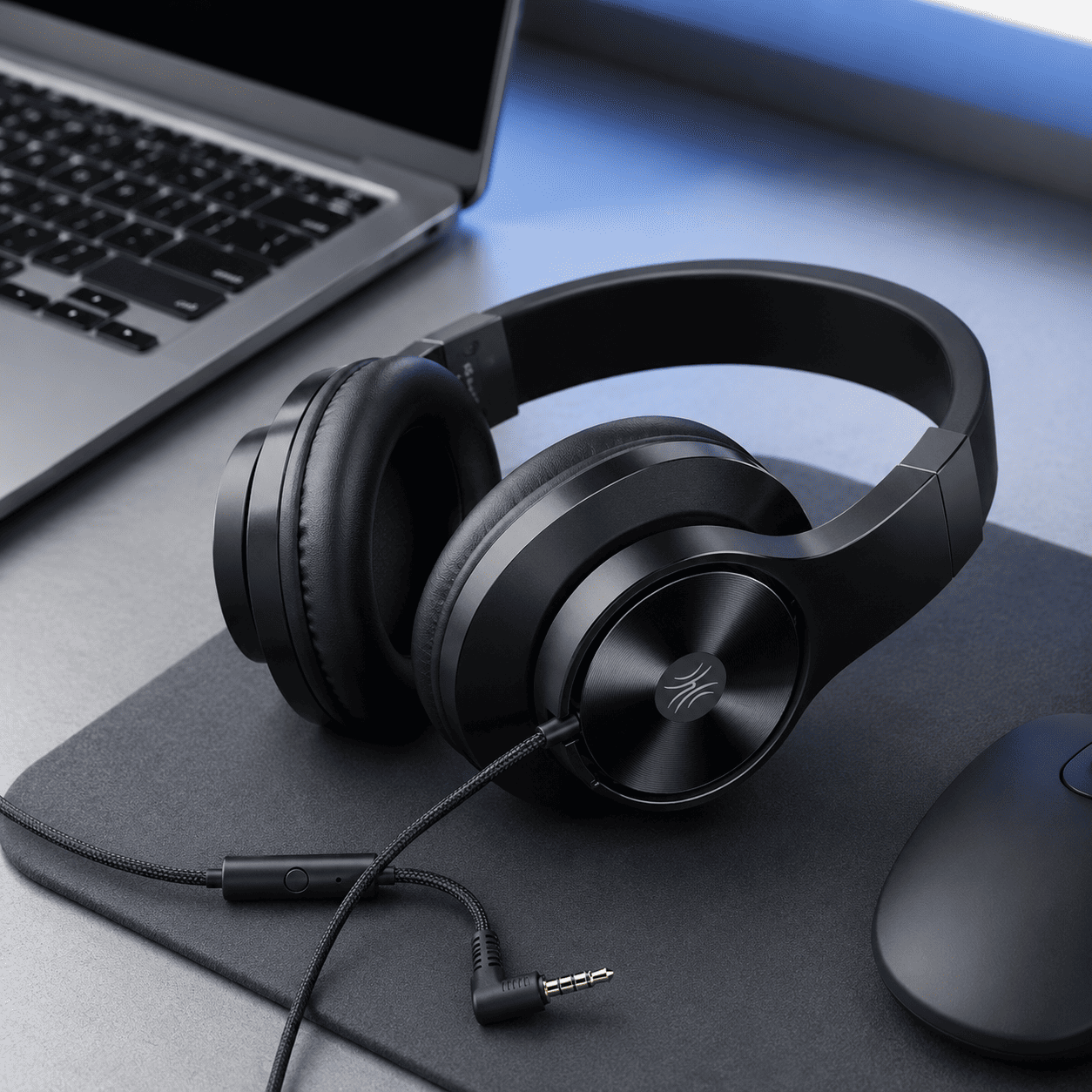 Black wired over-ear headset with inline microphone on a modern desk setup with laptop and mouse