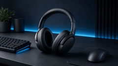 Black headset on a clean modern desk setup with keyboard, mouse, mouse pad, and subtle blue lighting
