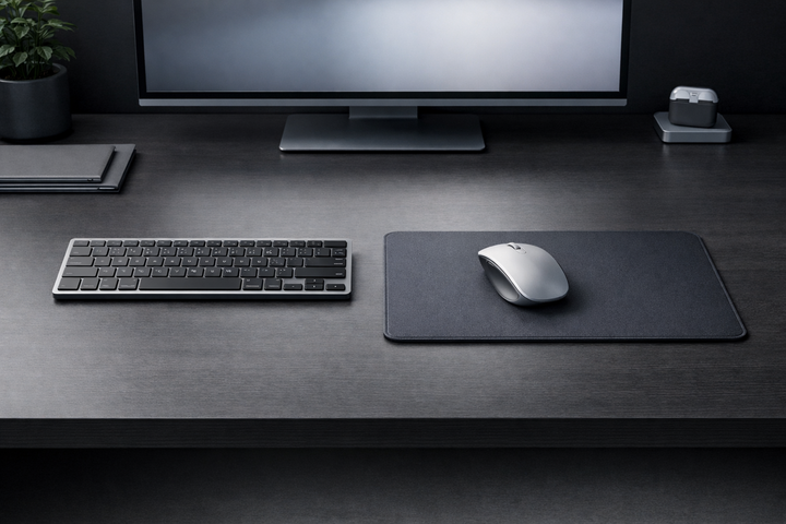 Clean desk setup with monitor, keyboard, mouse, and desk mat