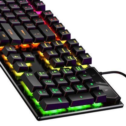 Close-up of 104-key RGB wired keyboard with mixed color backlit keys