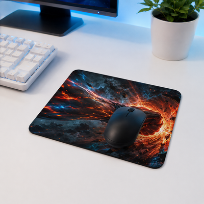 Action-themed mouse pad with fiery punch artwork in a clean desk setup with a mouse, keyboard, monitor, and plant.