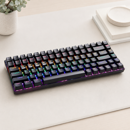 Black 84-key RGB mechanical keyboard on a clean desk setup