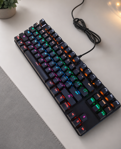Black 87-key wired RGB mechanical keyboard on a clean desk setup