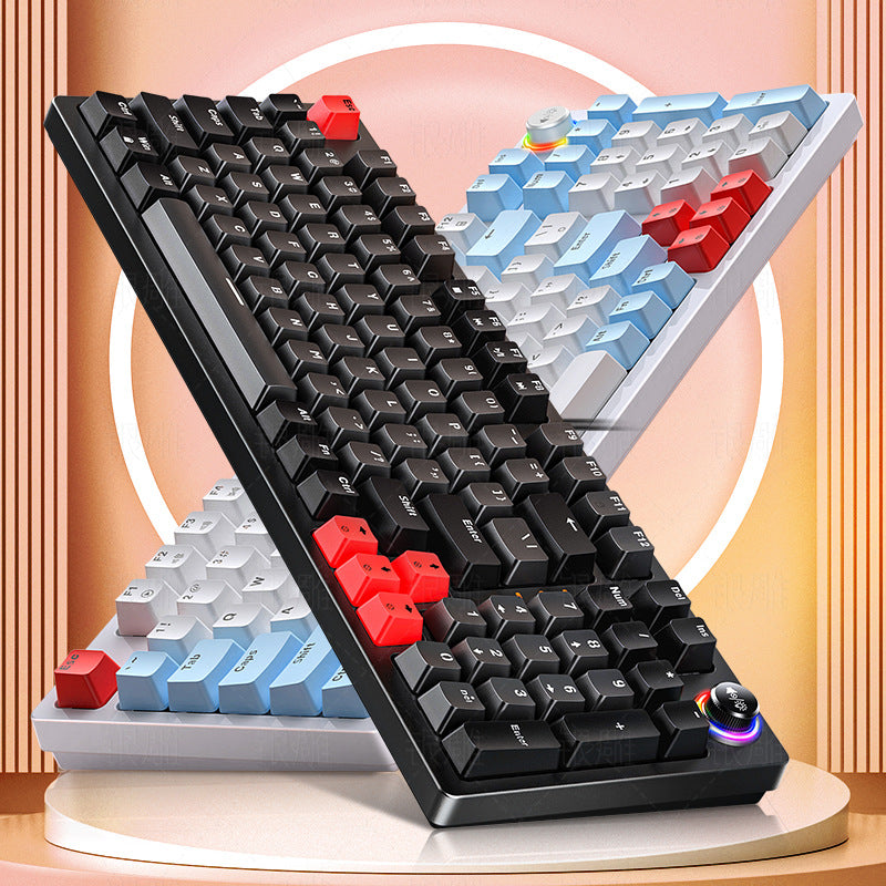 Black 96-key wired mechanical keyboard with control knob angled view