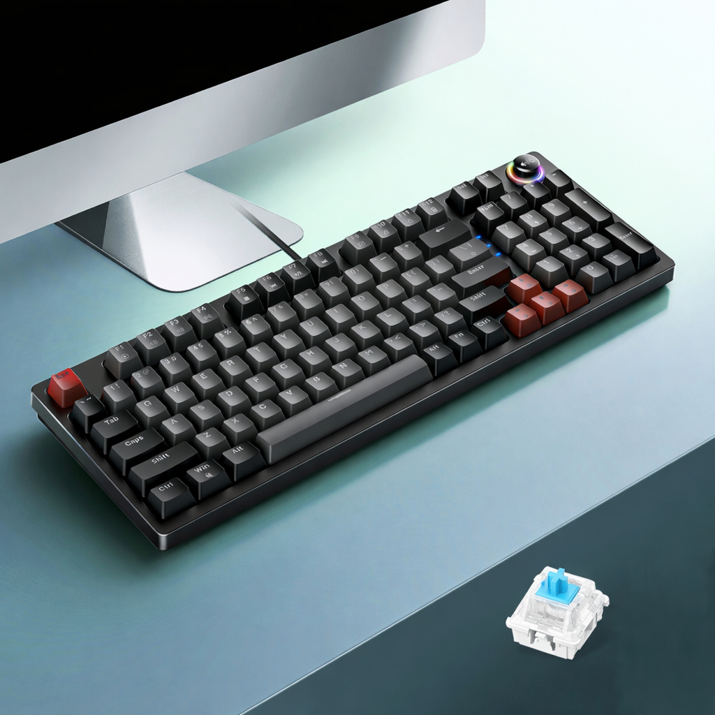 Black 96-key wired mechanical keyboard with control knob on a desk setup