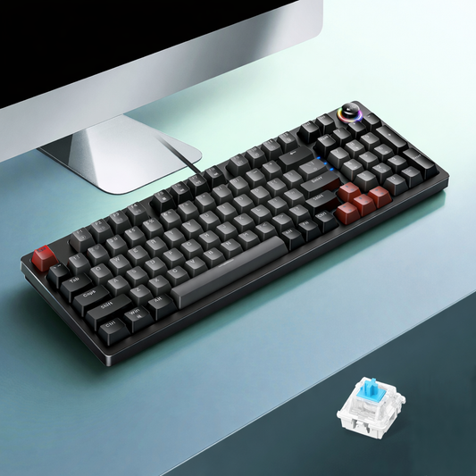 Black 96-key wired mechanical keyboard with control knob on a desk setup
