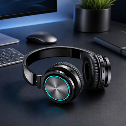 Black Bluetooth wireless foldable headset on a clean desk setup