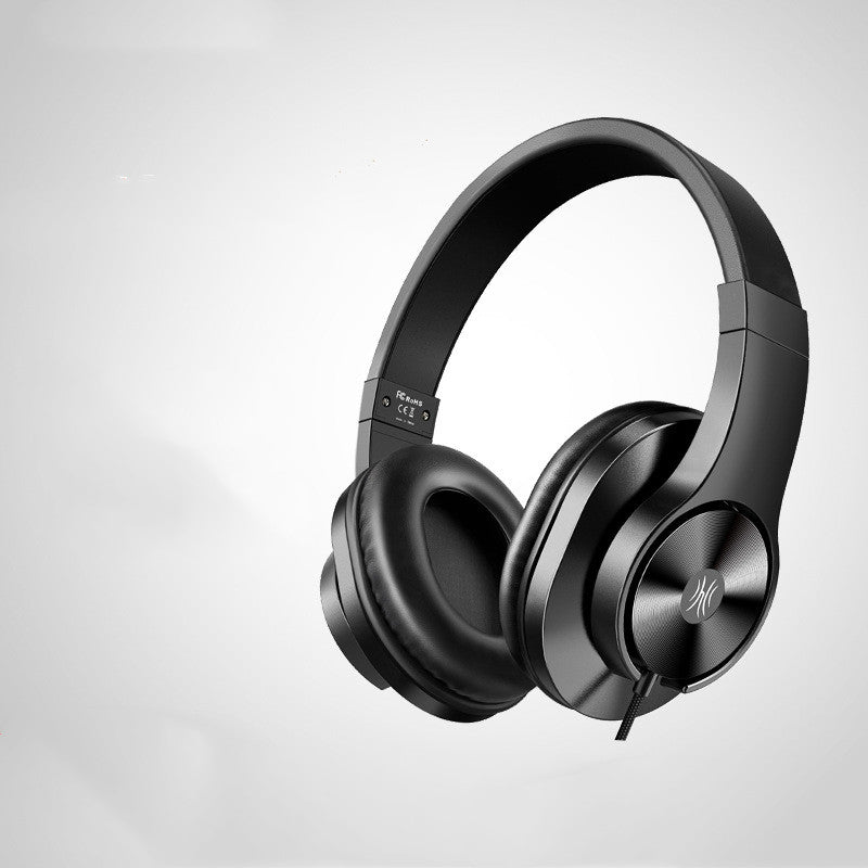Angled view of black wired over-ear headset with microphone