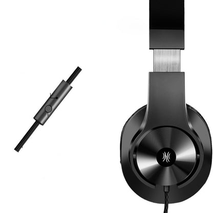 Side view of black wired over-ear headset with microphone