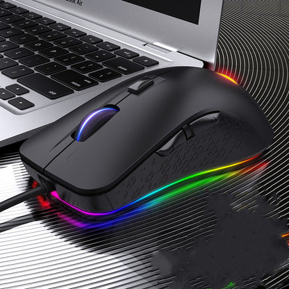 Black programmable RGB wired gaming mouse on a laptop setup