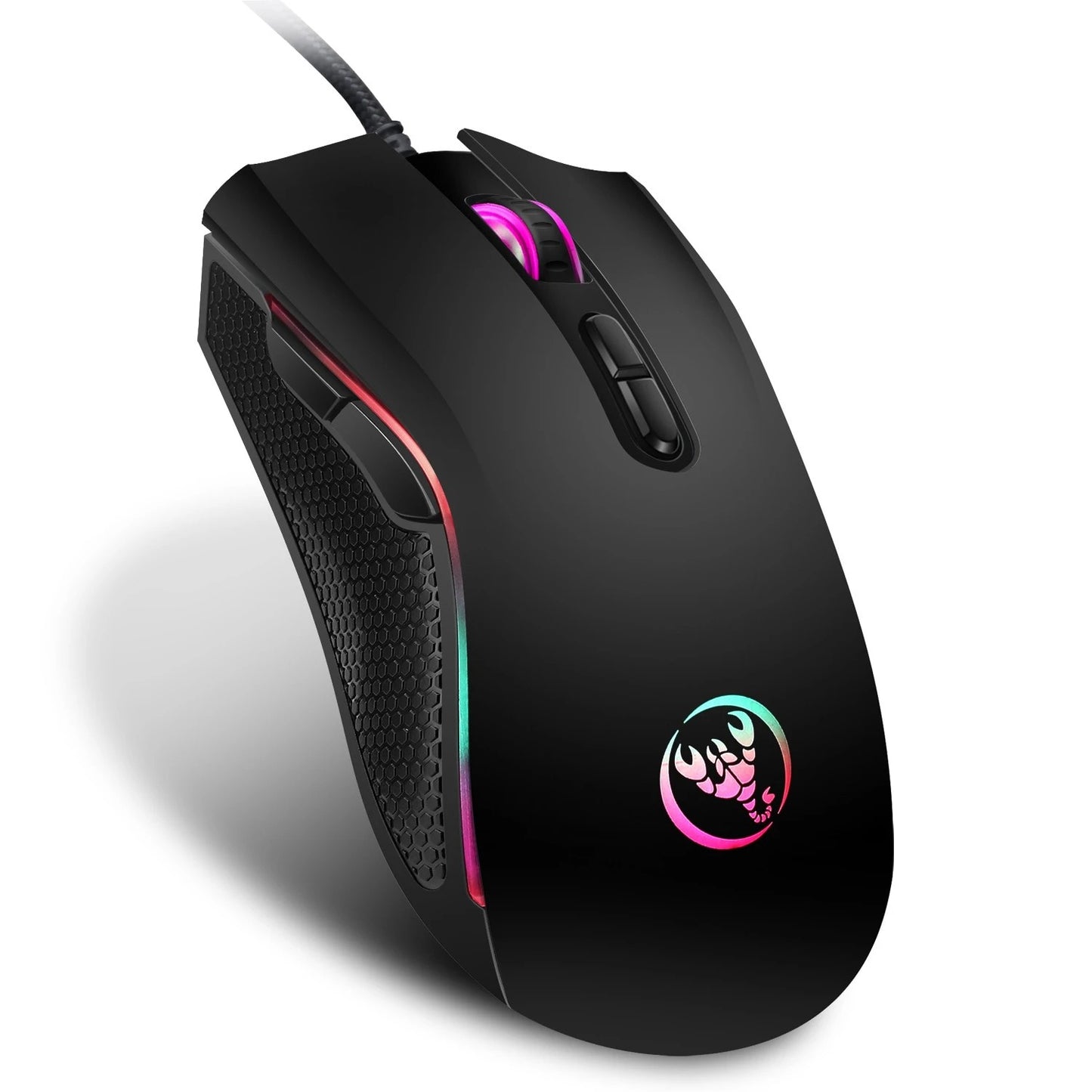 Black RGB wired gaming mouse with 3200 DPI on a white background