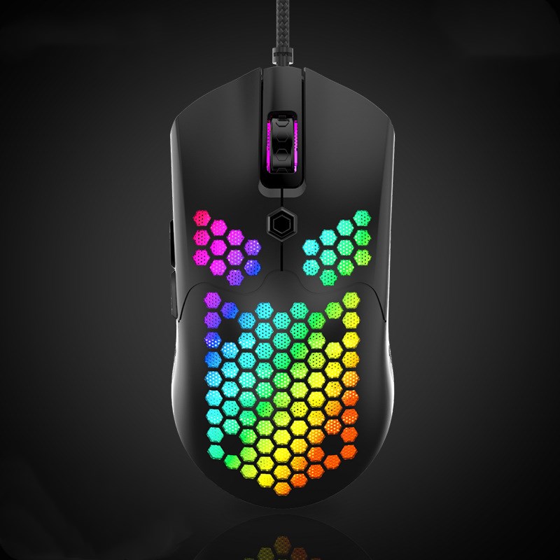Black RGB wired gaming mouse with honeycomb shell front view