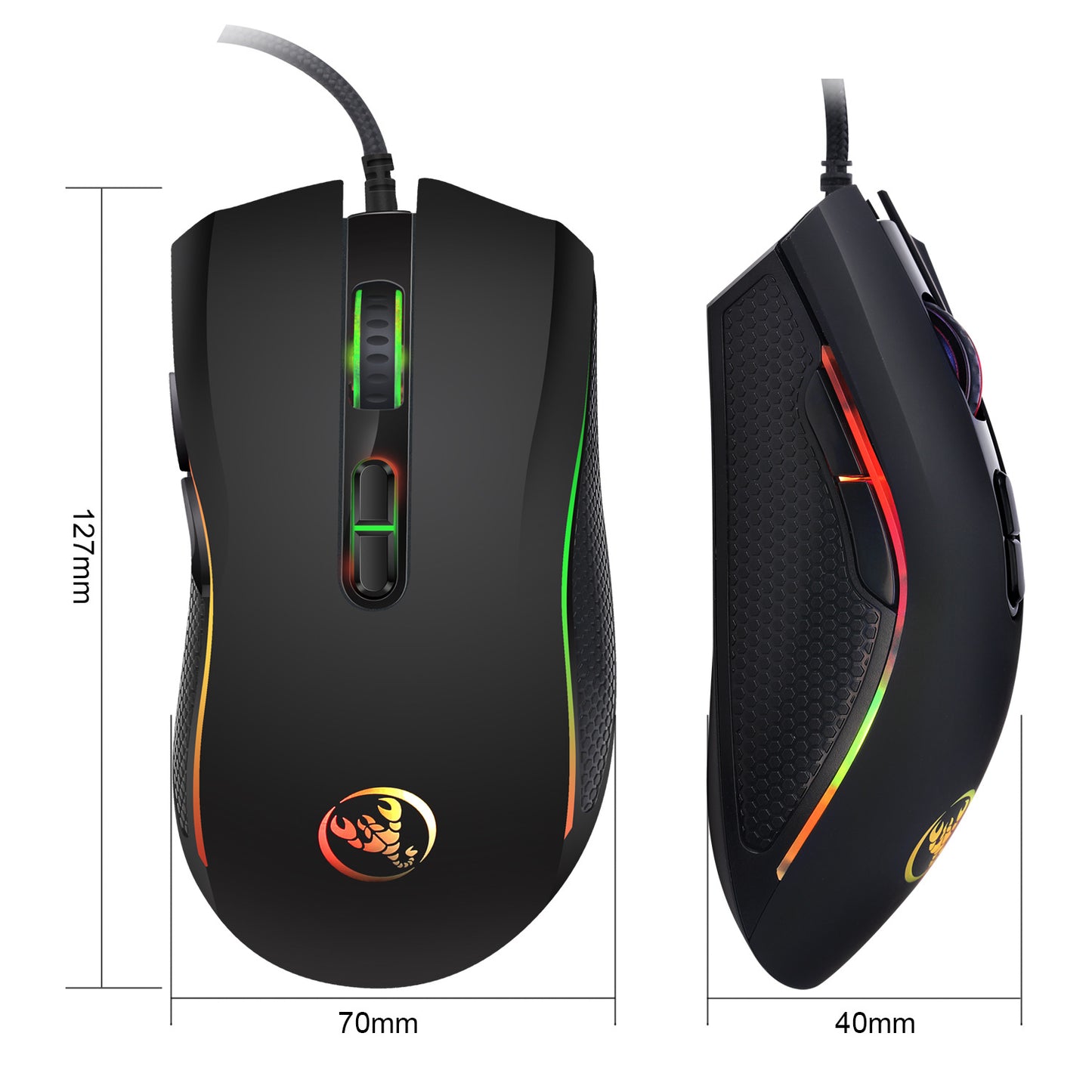 Black RGB wired gaming mouse top and side view