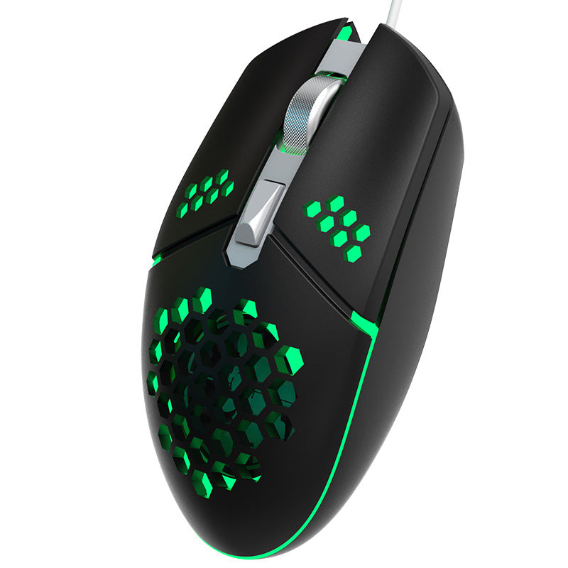 Black vented RGB wired gaming mouse on a white background