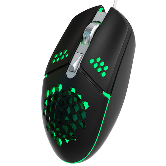 Black vented RGB wired gaming mouse on a white background