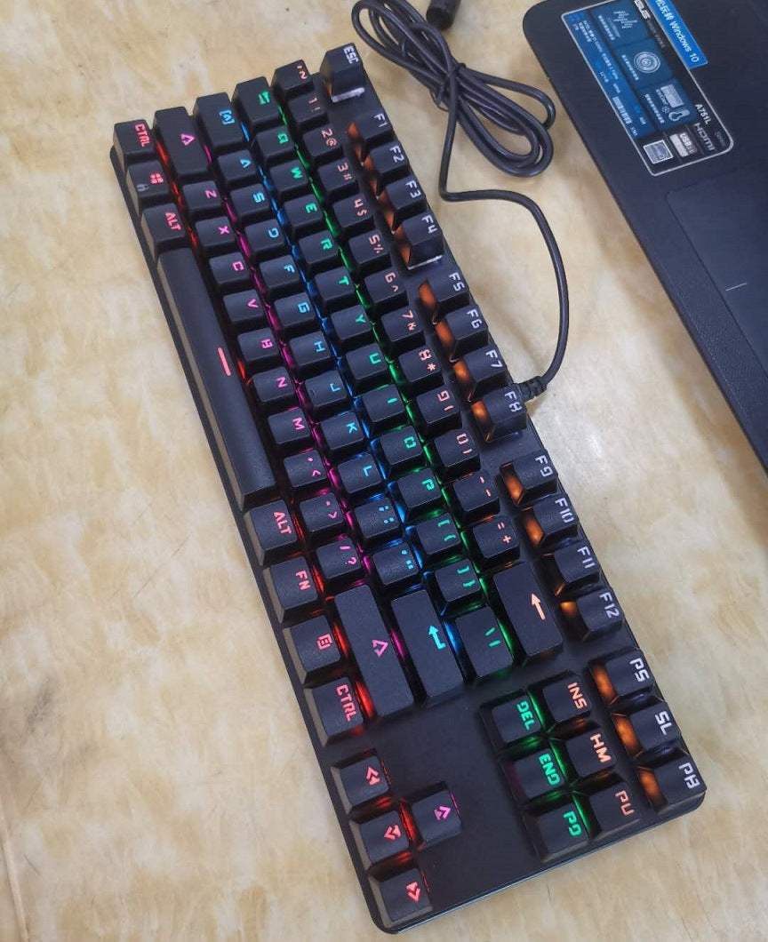 Black wired RGB mechanical keyboard angled view