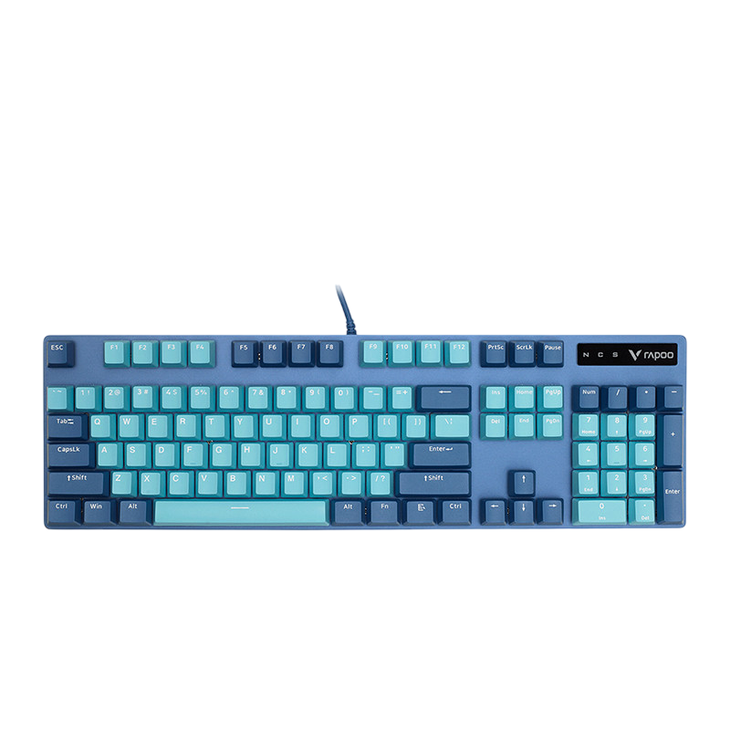 Blue 104-key wired mechanical keyboard with backlight on a white background