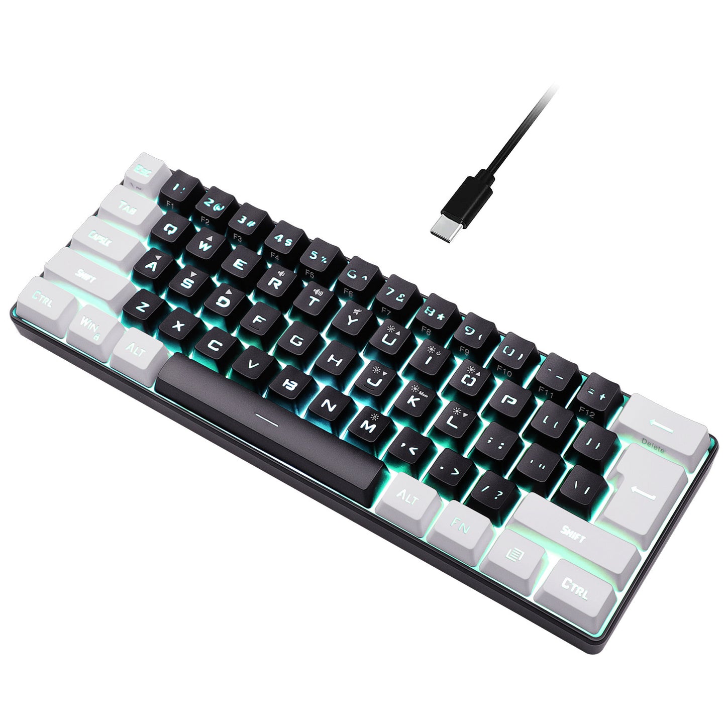 Black and white compact 61-key wired keyboard with detachable cable on a clean light background