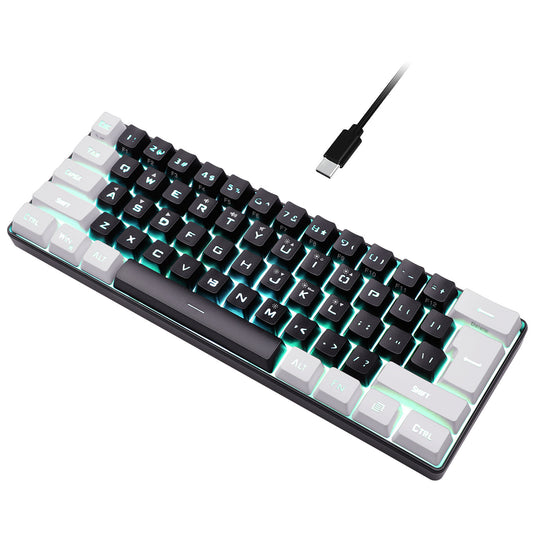 Black and white compact 61-key wired keyboard with detachable cable on a clean light background