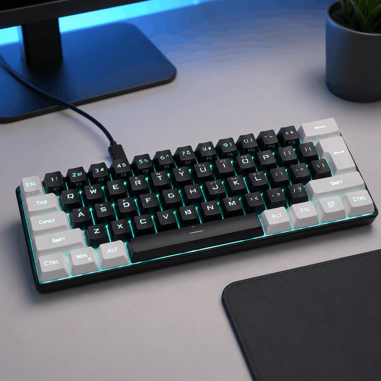 Black compact 61-key wired keyboard in a clean modern desk setup with blue accent lighting
