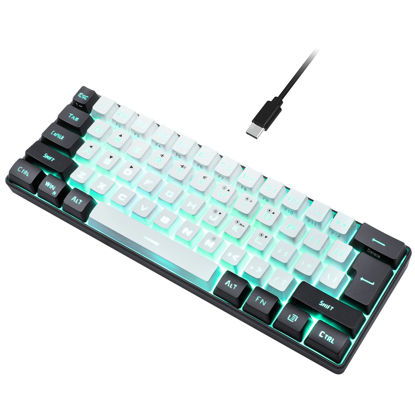 White and black compact 61-key wired keyboard with detachable cable on a clean light background92cb4578f0e610fb300494
