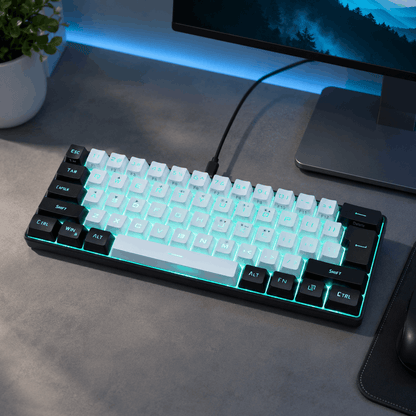 White compact 61-key wired keyboard in a clean modern desk setup with blue accent lighting