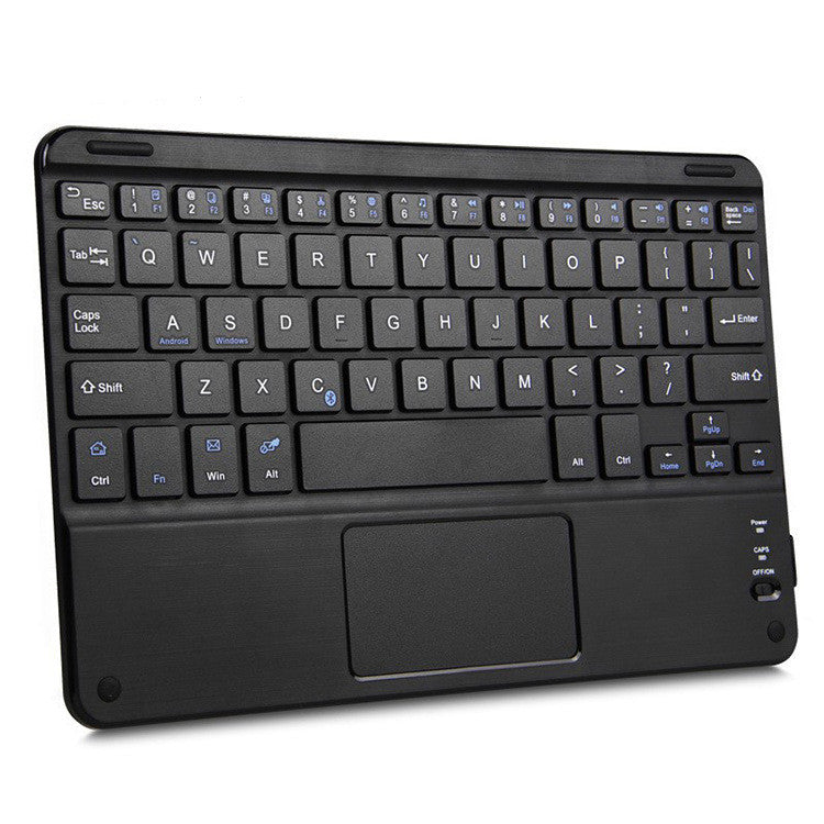 Black compact Bluetooth keyboard with built-in touchpad on a clean light background