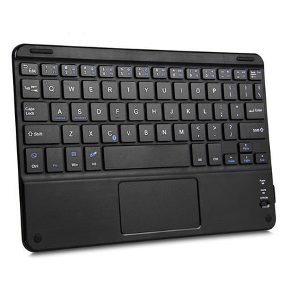 Black compact Bluetooth keyboard with built-in touchpad on a clean light background