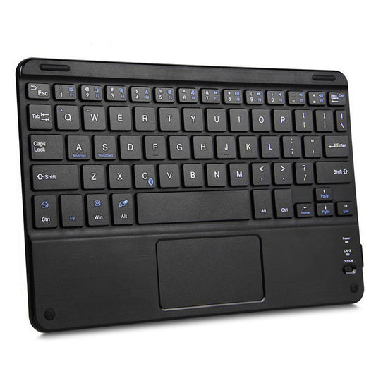 Black compact Bluetooth keyboard with built-in touchpad on a clean light background