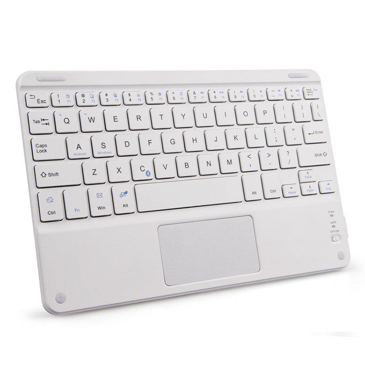 White compact Bluetooth keyboard with built-in touchpad on a clean light background