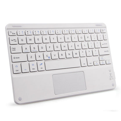 White compact Bluetooth keyboard with built-in touchpad on a clean light background
