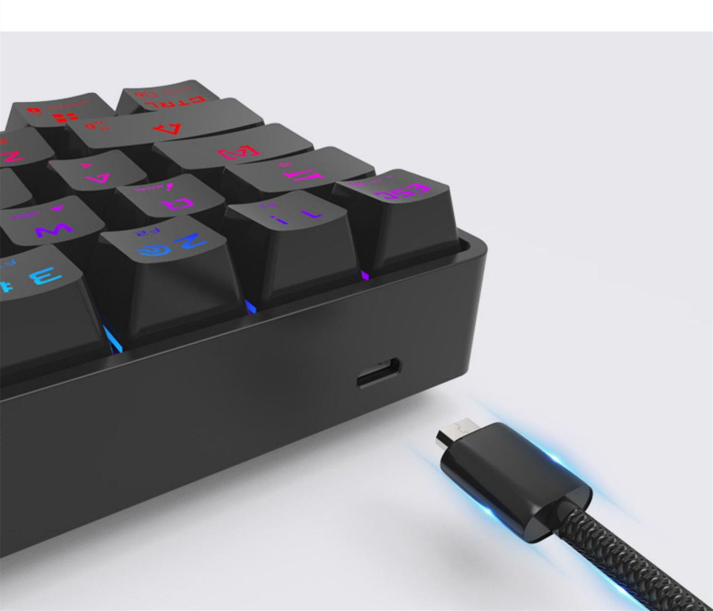 Compact wireless Bluetooth keyboard with RGB backlit keys detail