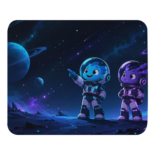 Cosmic Duo Mouse Pad with playful space-inspired illustrated design