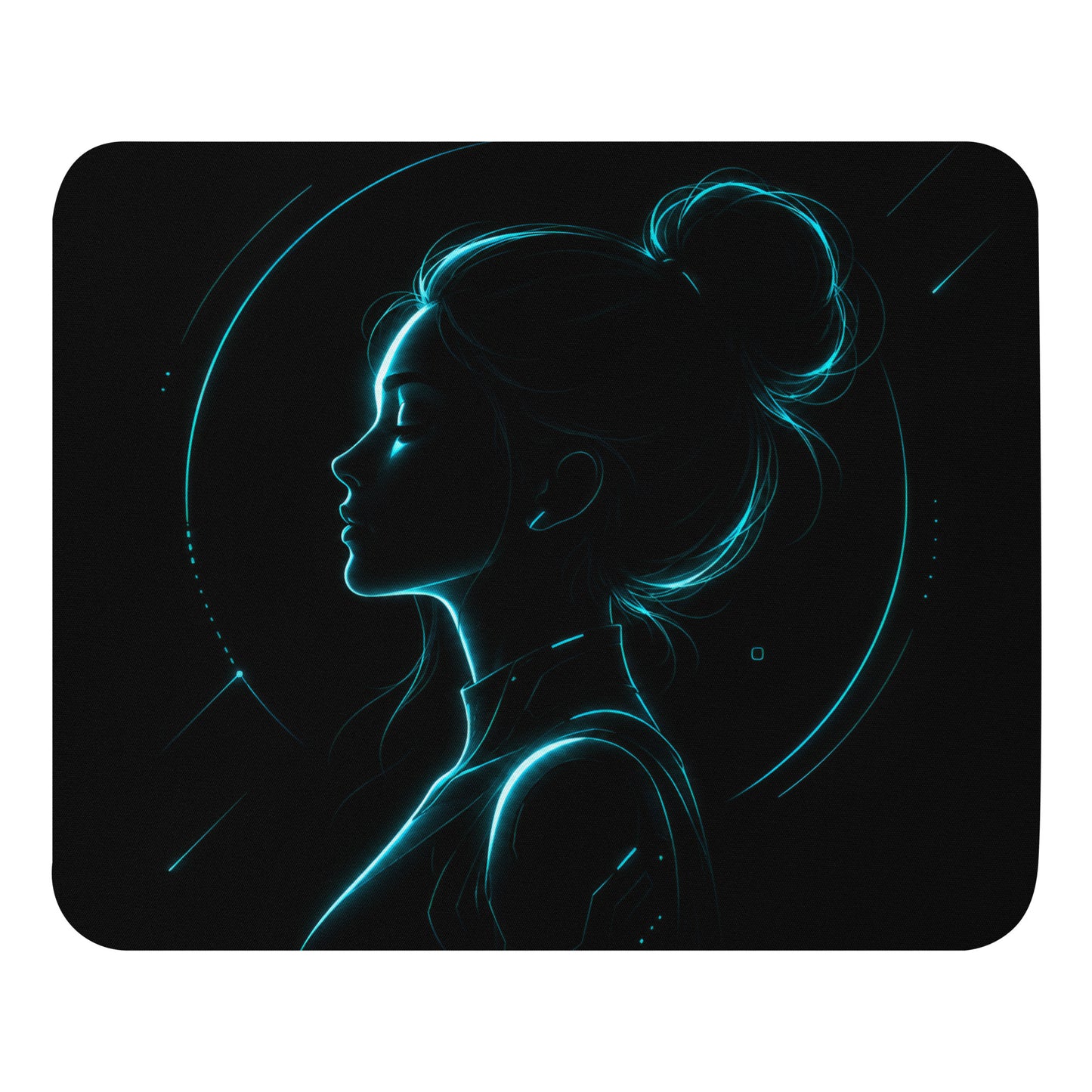 Cyan Aura Mouse Pad with black and cyan neon portrait artwork