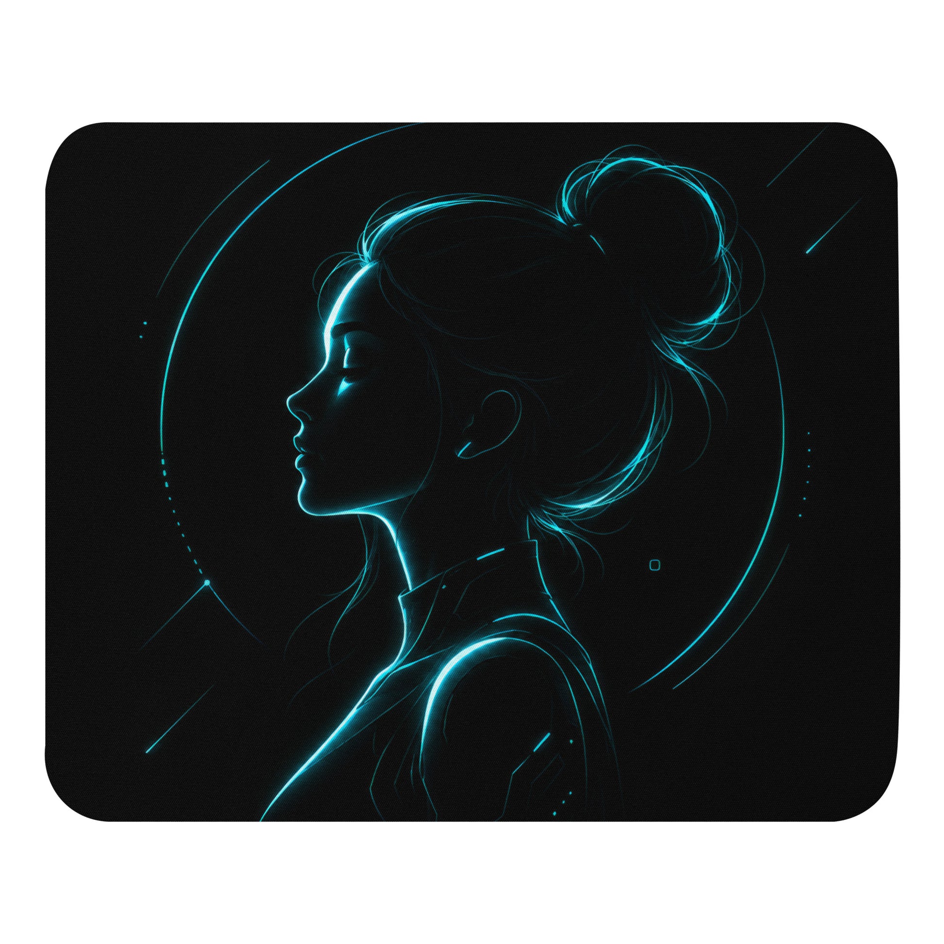Cyan Aura Mouse Pad with black and cyan neon portrait artwork