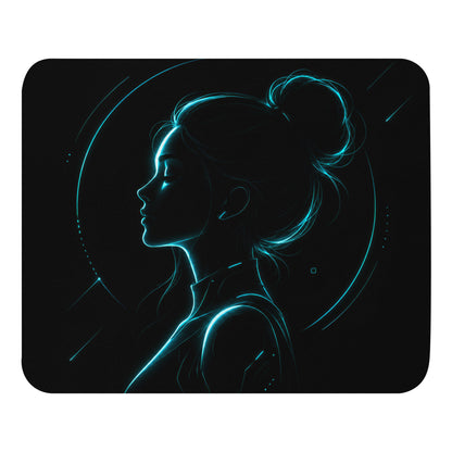 Cyan Aura Mouse Pad with black and cyan neon portrait artwork