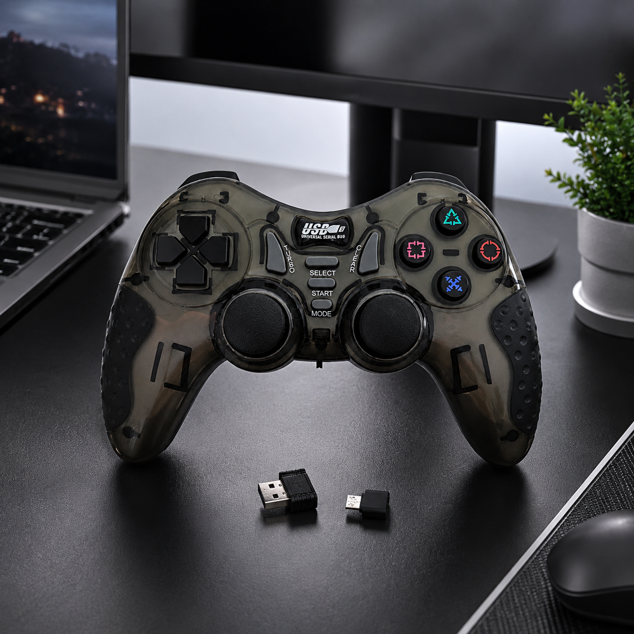 Gray 2.4G wireless game controller with USB receiver on a dark desk setup