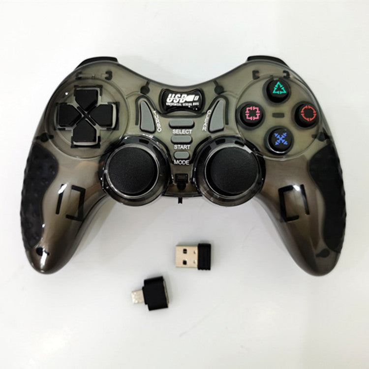 Gray USB game controller front view with receiver and adapter