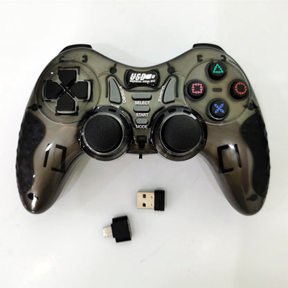 Gray USB game controller front view with receiver and adapter