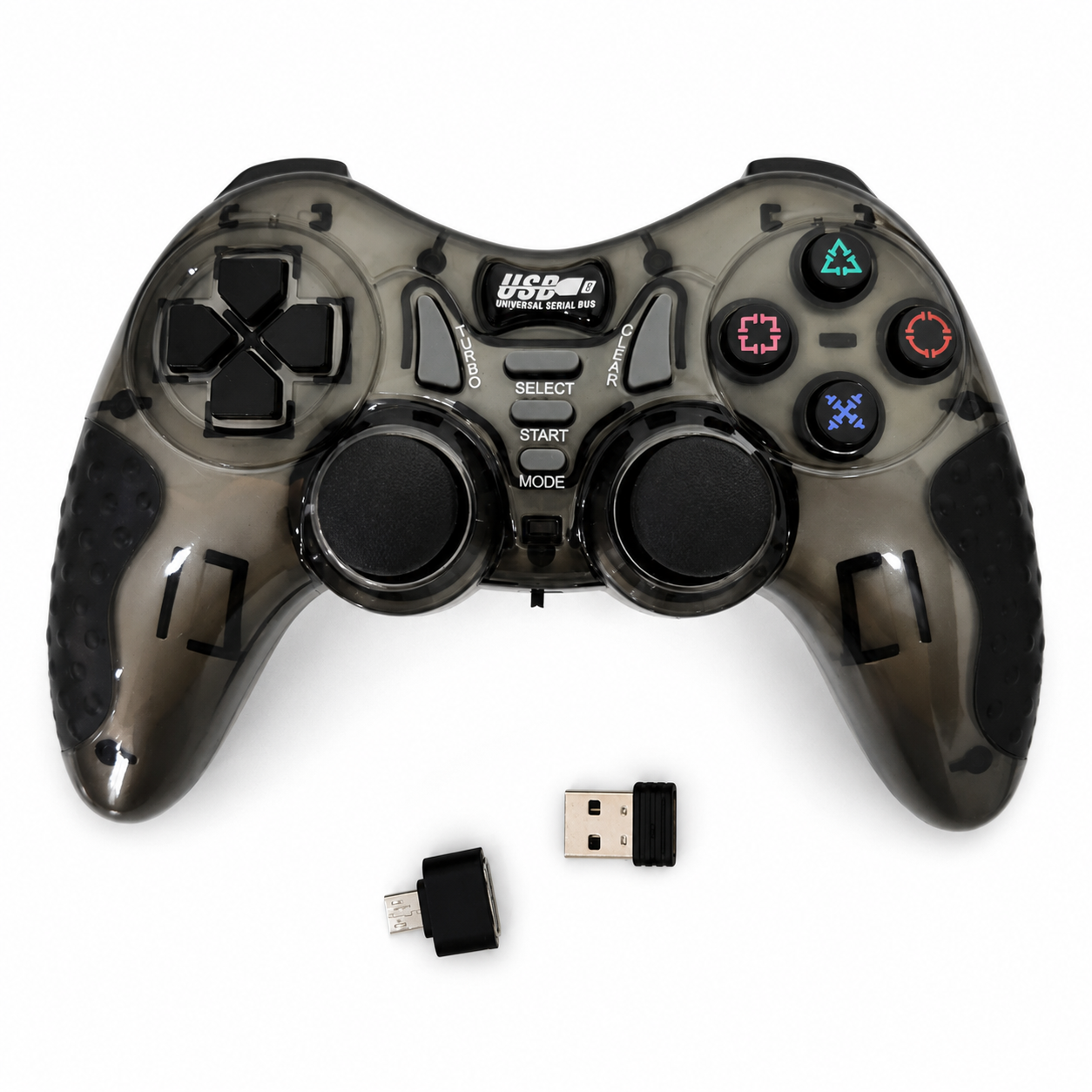Gray USB game controller with receiver and adapter