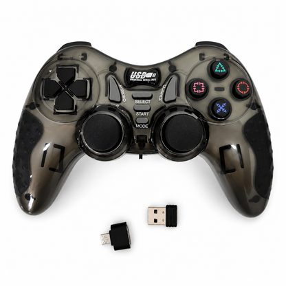 Gray USB game controller with receiver and adapter