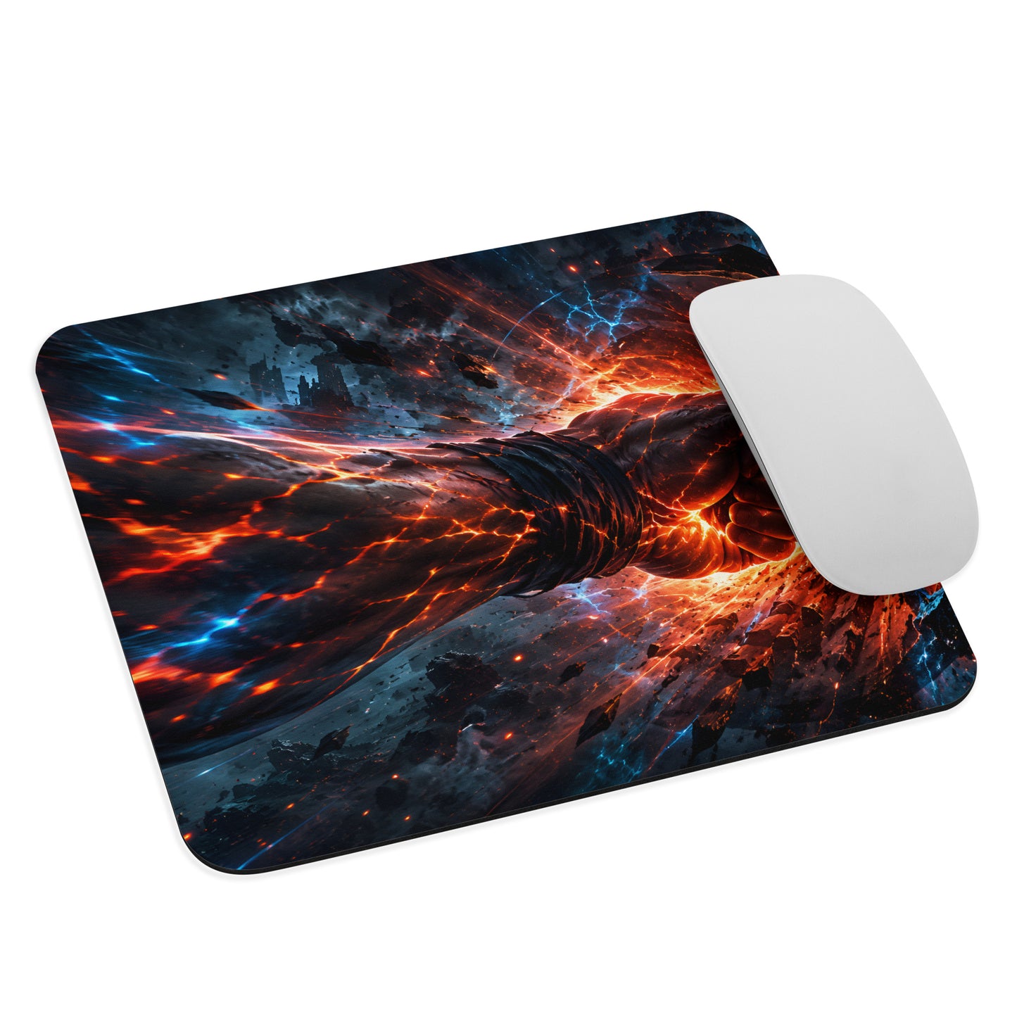 Inferno Impact mouse pad shown at an angle with fiery action artwork