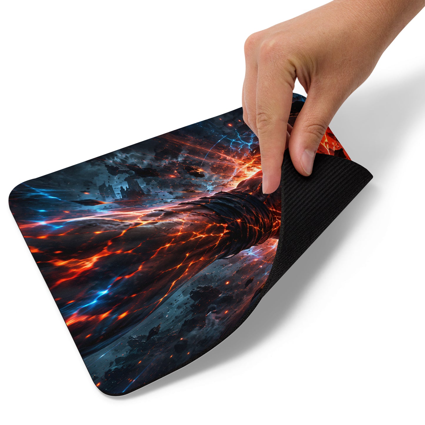 Inferno Impact mouse pad with bold fiery punch design shown in use