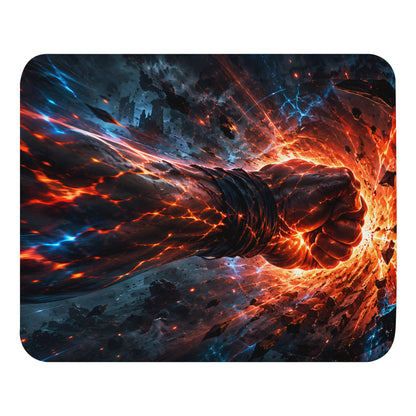 Inferno Impact mouse pad with fiery punch artwork and blue energy accents