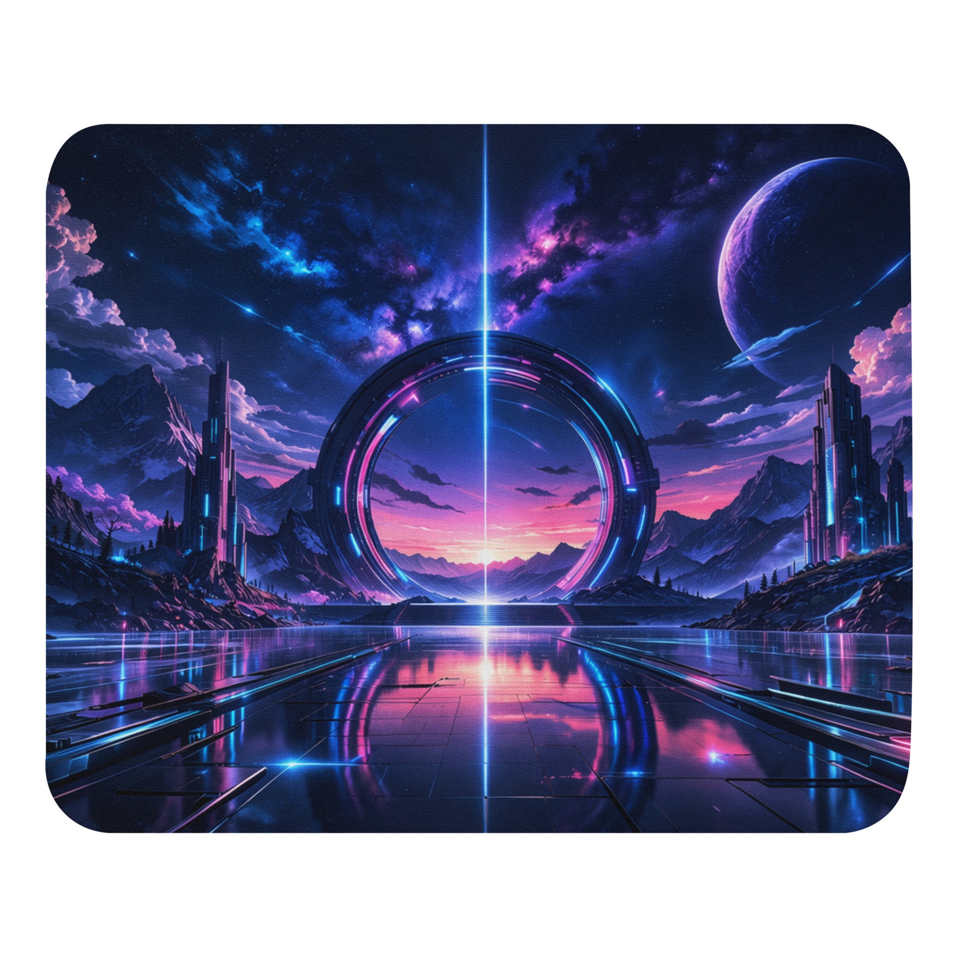 Neon Portal mouse pad with futuristic portal artwork on white background