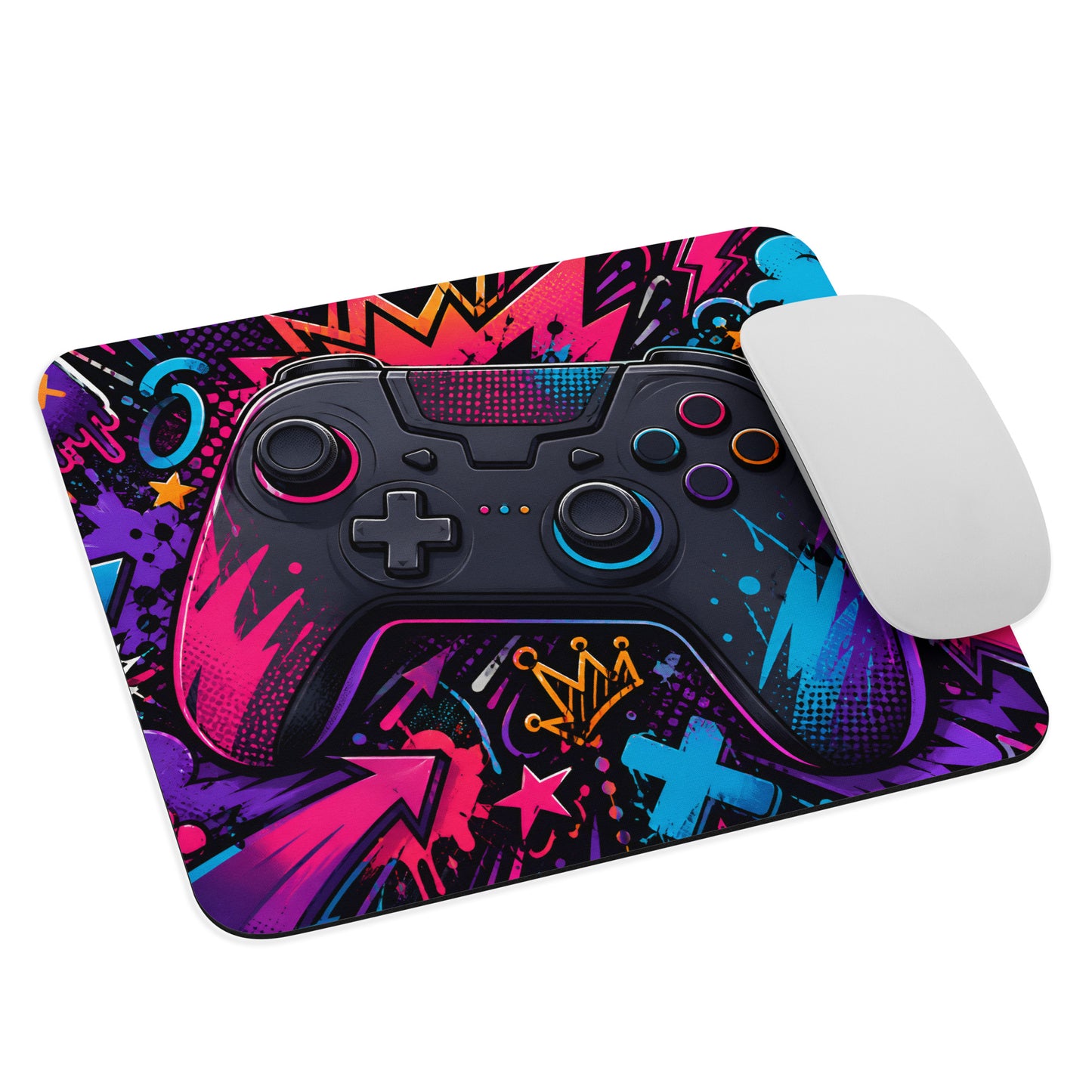 Neon Controller Mouse Pad with white mouse on a clean product mockup